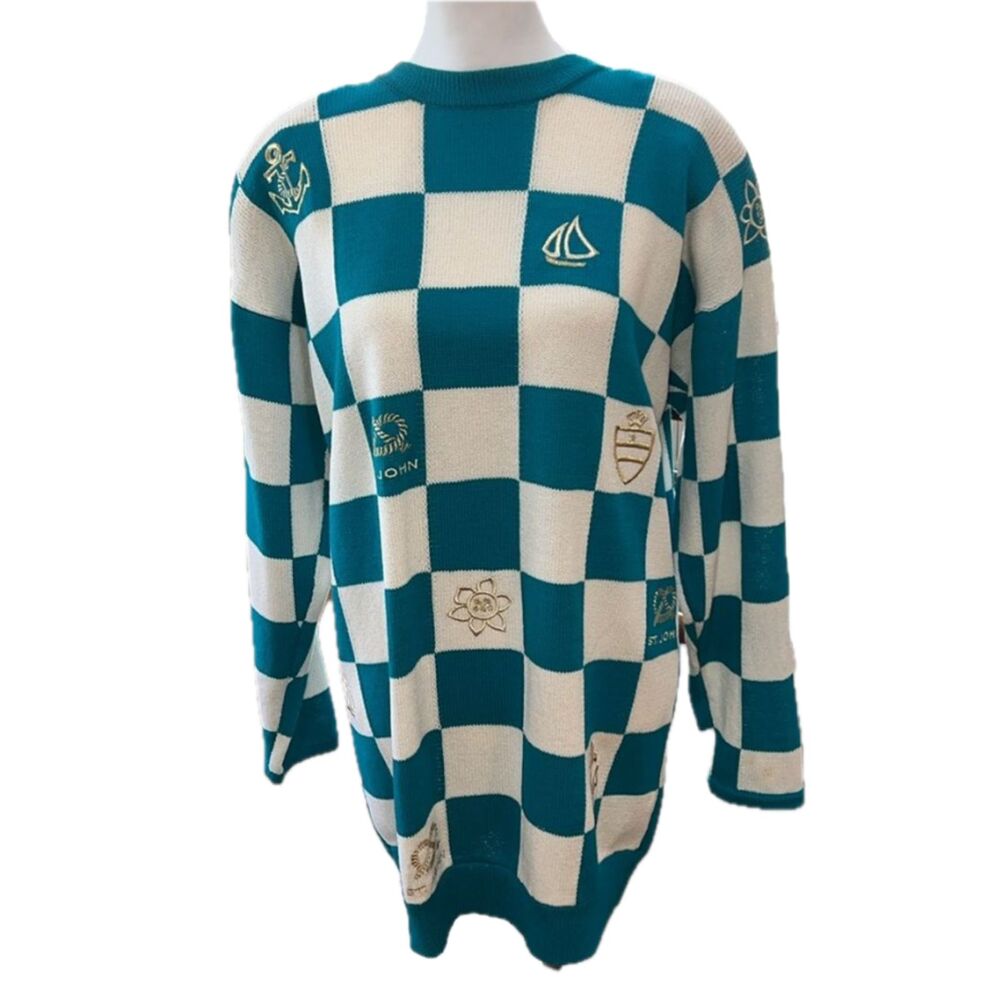 Vintage St John Nautical Sweater Gold Embroidered Anchor Checkered Knit USA L - Picture 2 of 14